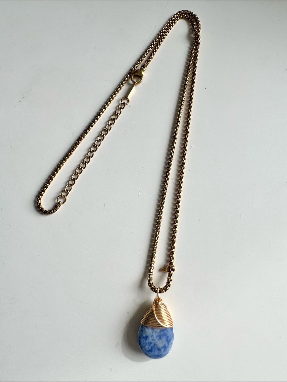 Gold-Tone Stainless Steel Chain Necklace with Blue Sodalite Teardrop Pendant